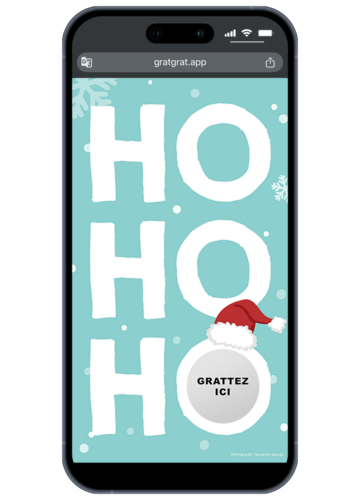 Smartphone affichant une carte à gratter numérique de Noël avec l'inscription HO HO HO, un bonnet de Père Noël et une zone grise "Grattez ici".