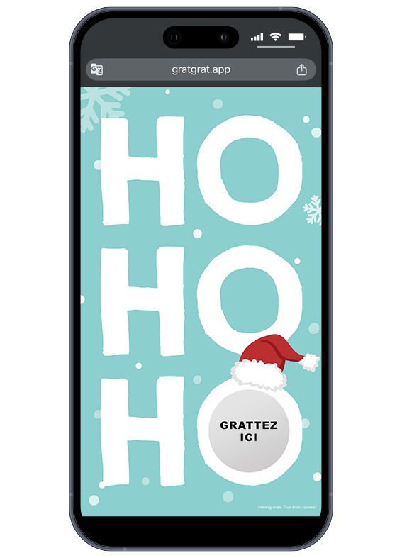 Smartphone affichant une carte à gratter numérique de Noël avec l'inscription HO HO HO, un bonnet de Père Noël et une zone grise "Grattez ici".