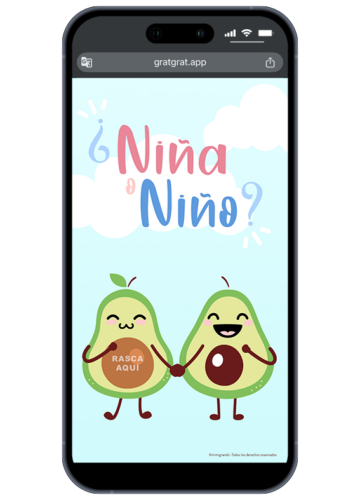 Anuncio de revelación de género digital en español con ilustración de aguacates y zona para rascar "¿Niña o Niño?".