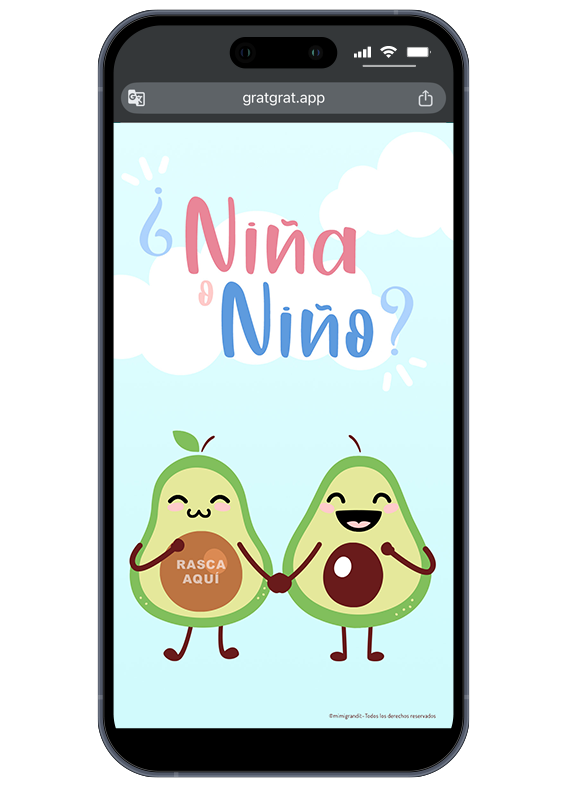 Anuncio de revelación de género digital en español con ilustración de aguacates y zona para rascar "¿Niña o Niño?".