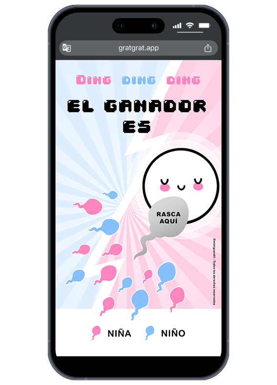 ¡La carrera ha terminado! Rasca la pantalla para descubrir quién es el ganador. Anuncio de revelación de género digital en español con temática de carrera de espermatozoides y zona para rascar "Rasca aquí".