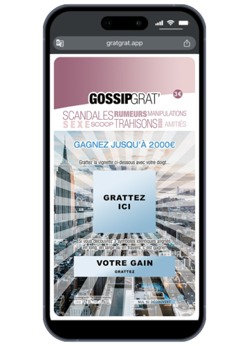 Smartphone affichant la carte à gratter numérique GossipGrat' avec un paysage urbain et une zone "Grattez ici" sur un jeu de morpion.