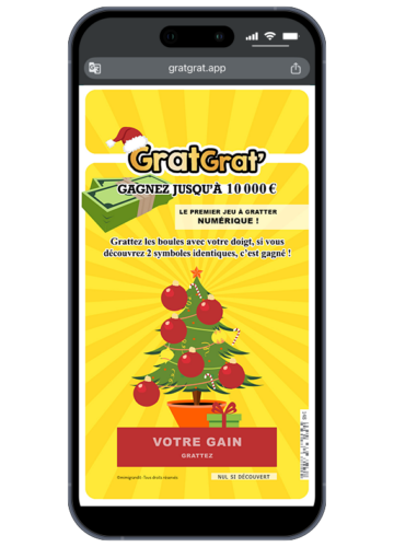 Smartphone affichant un jeu à gratter numérique de Noël avec un sapin décoré de boules rouges et l'instruction "Grattez ici avec votre doigt".