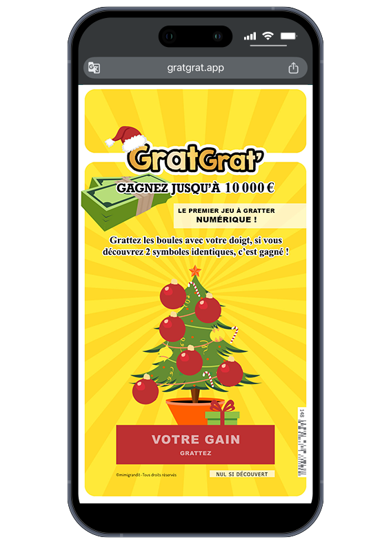 Smartphone affichant un jeu à gratter numérique de Noël avec un sapin décoré de boules rouges et l'instruction "Grattez ici avec votre doigt".