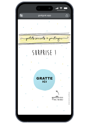 Smartphone affichant une carte à gratter numérique au design épuré avec des pois pastel et un cercle bleu marqué "GRATTE ICI".