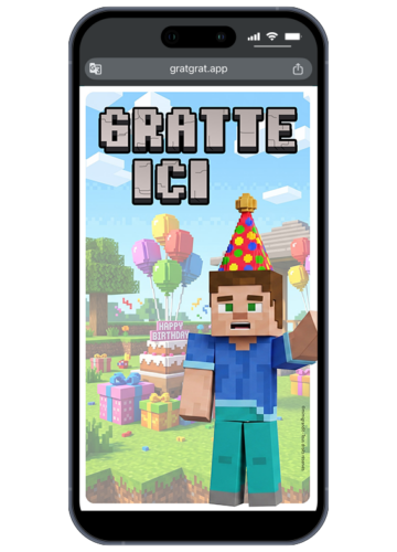 Invitation anniversaire virtuelle pixel carte à gratter sur smartphone thème jeu vidéo Minecraft.