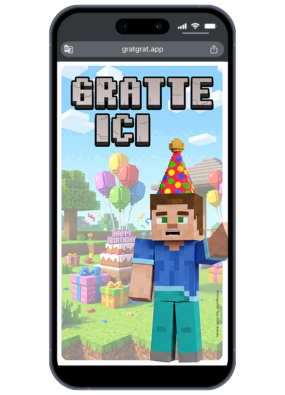 Invitation anniversaire virtuelle pixel carte à gratter sur smartphone thème jeu vidéo Minecraft.
