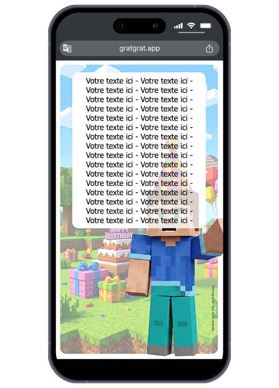 Rendu visuel de la zone de texte personnalisable une fois la surface de l'invitation virtuelle grattée au doigt. Carte invitation numérique anniversaire pixel personnalisable sur écran de téléphone portable après grattage tactile.