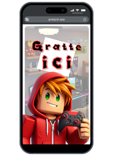 Invitation anniversaire virtuelle gamer carte à gratter sur smartphone avec personnage style Roblox et manette.