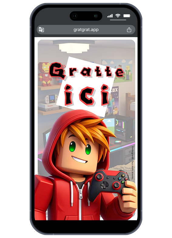 Visuel de l'invitation numérique gamer sur téléphone portable avant l'animation de grattage. Invitation anniversaire virtuelle gamer carte à gratter sur smartphone avec personnage style Roblox et manette.
