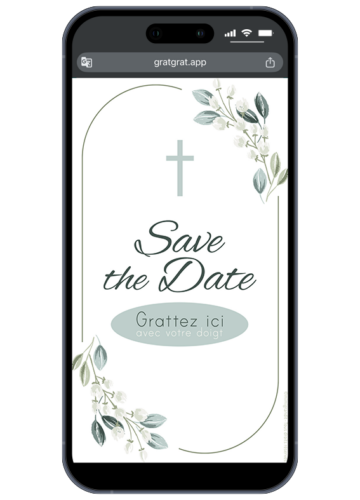 Save the date baptême à gratter virtuel avec croix chrétienne et feuillage floral