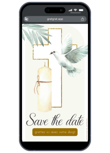 Save the date bapteme virtuel carte a gratter colombe et bougie aquarelle