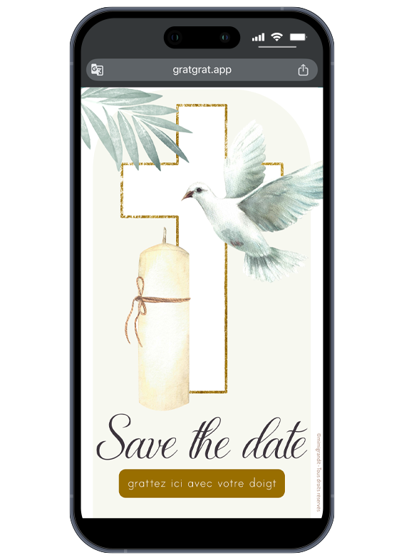Save the date bapteme virtuel carte a gratter colombe et bougie aquarelle
