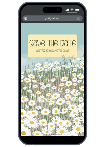 Save the date numérique mariage interactif thème champ de marguerites blanches avec zone à gratter "GRATTEZ ICI".