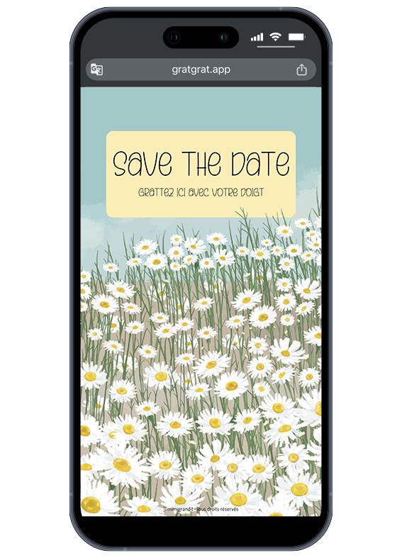 Save the date numérique mariage interactif thème champ de marguerites blanches avec zone à gratter "GRATTEZ ICI".