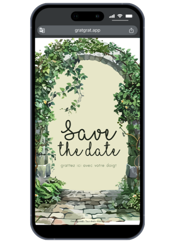 Save the date numérique mariage avec arche en pierre et plantes grimpantes, zone à gratter centrale.