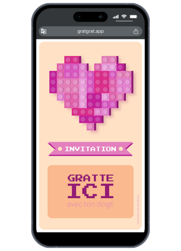 Carte d'invitation anniversaire numérique à gratter avec un cœur en briques Lego roses et zone interactive Gratte ici avec ton doigt.