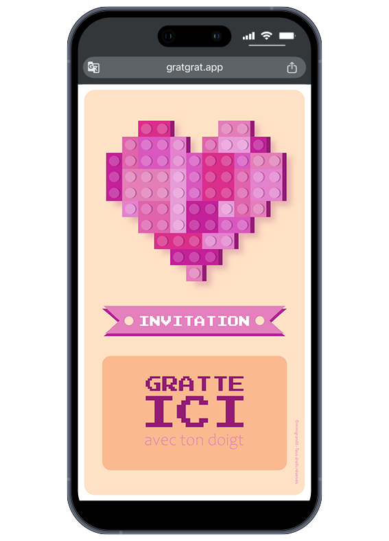 Aperçu de la carte virtuelle d'invitation d'anniversaire interactive avant le grattage sur écran. Carte d'invitation anniversaire numérique à gratter avec un cœur en briques Lego roses et zone interactive Gratte ici avec ton doigt.