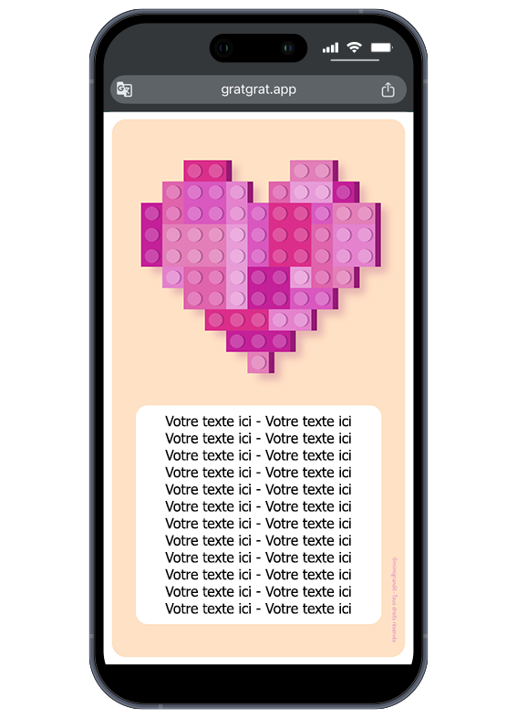 Zone de texte personnalisable qui apparaît une fois que l'invité a gratté l'écran. Carte d'invitation virtuelle anniversaire cœur Lego rose avec un espace blanc vierge pour afficher le texte personnalisé après grattage.