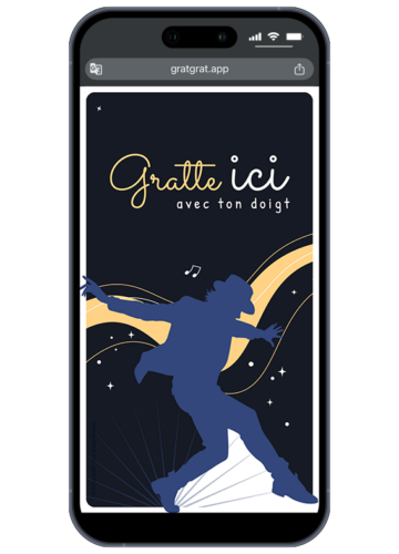 Invitation anniversaire pop star virtuelle affichée sur smartphone avec la silhouette d'un danseur bleu au chapeau et un texte doré Gratte ici avec ton doigt.