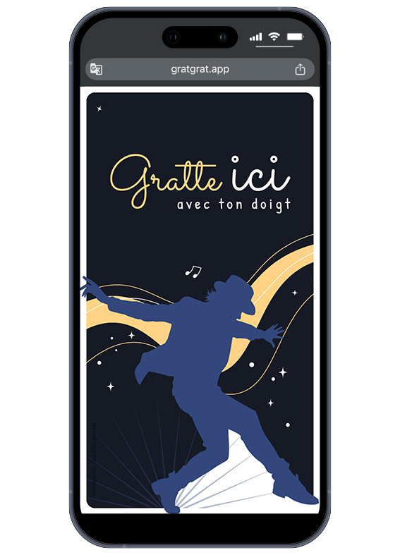 Aperçu de la carte interactive sur le thème du roi de la pop avant le grattage tactile. Invitation anniversaire pop star virtuelle affichée sur smartphone avec la silhouette d'un danseur bleu au chapeau et un texte doré Gratte ici avec ton doigt.