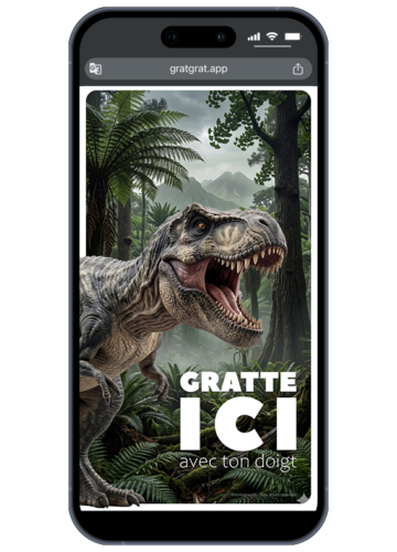 Maquette d'invitation anniversaire dinosaure virtuelle avec un T-Rex dans la jungle préhistorique et une zone de texte blanche personnalisable.