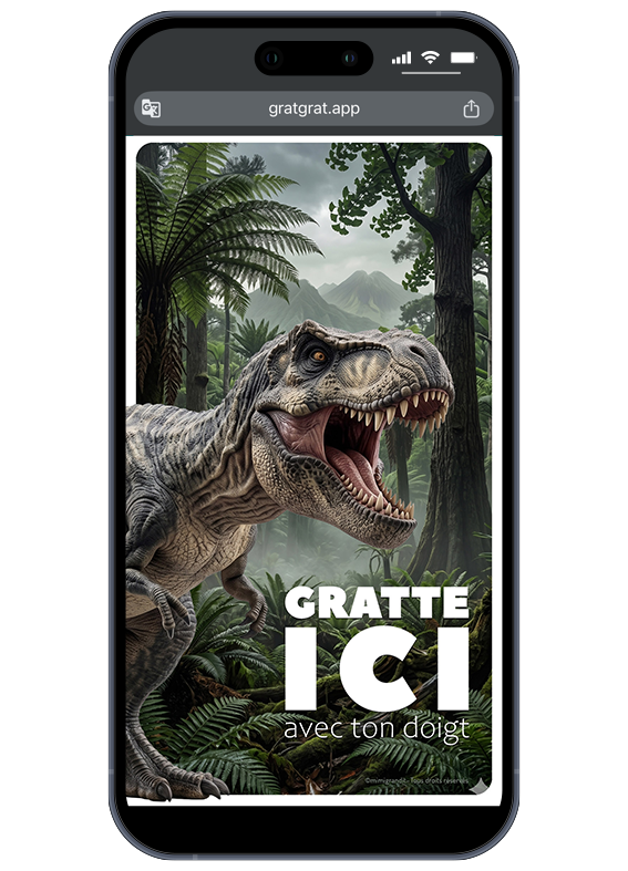 Maquette d'invitation anniversaire dinosaure virtuelle avec un T-Rex dans la jungle préhistorique et une zone de texte blanche personnalisable.