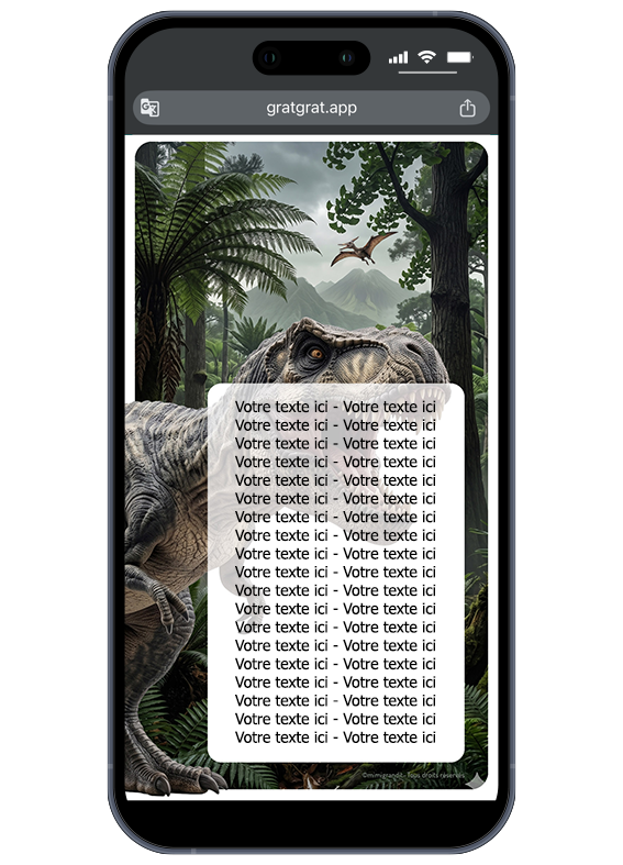 Visuel de la face cachée interactive que les invités devront gratter sur leur écran de smartphone. Carte à gratter numérique dinosaure pour anniversaire enfant avec mention Gratte ici avec ton doigt devant un Tyrannosaure.