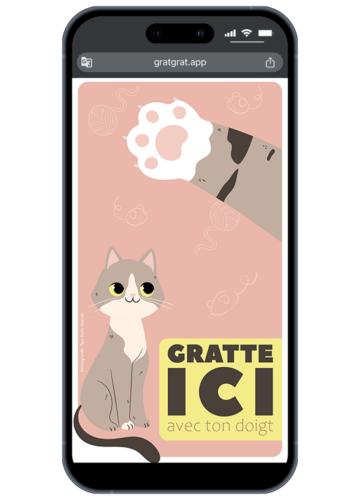 Invitation anniversaire chat virtuelle sur l'écran d'un smartphone avec un petit chat mignon et un encart jaune Gratte ici avec ton doigt.