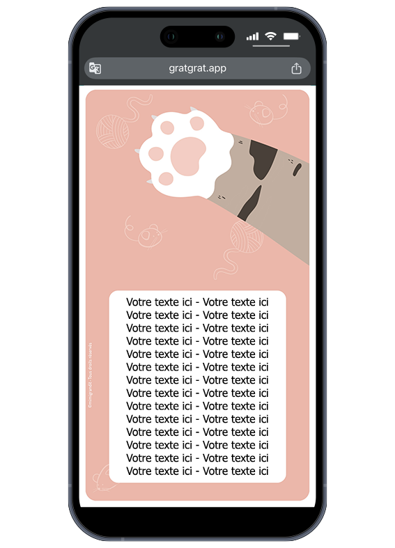 Gabarit de l'invitation virtuelle chat une fois grattée avec le texte factice. Invitation anniversaire chaton numérique révélée après grattage avec une zone blanche pour insérer le texte personnalisé.