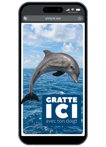 Invitation anniversaire dauphin virtuelle sur smartphone avec un grand dauphin bondissant hors de la mer et encart bleu Gratte ici avec ton doigt.
