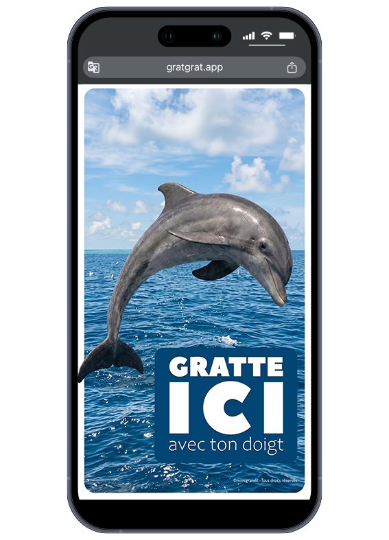 Invitation anniversaire dauphin virtuelle sur smartphone avec un grand dauphin bondissant hors de la mer et encart bleu Gratte ici avec ton doigt.