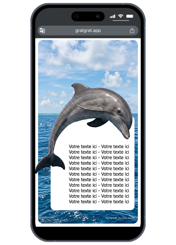 Gabarit de la carte d'invitation magique dauphin affichant la zone de texte blanche épurée. Carte invitation dauphin numérique révélée sur écran de téléphone portable après grattage avec texte personnalisable.