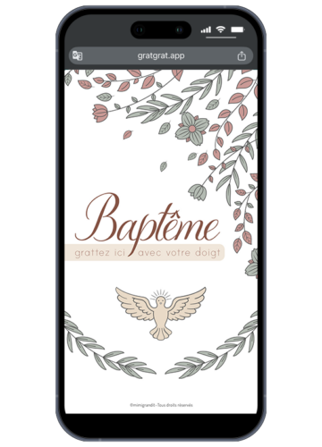 Save the Date baptême numérique à gratter avec colombe et feuillage pastel