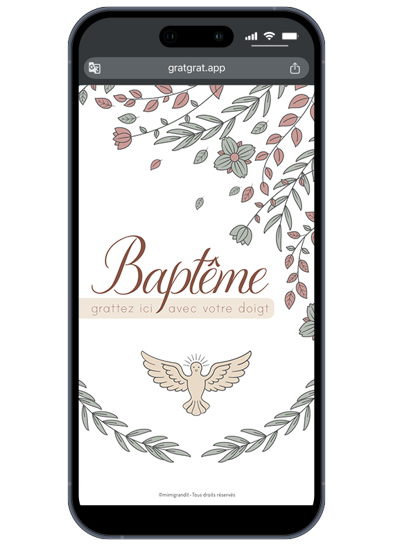 Une annonce de baptême élégante où les invités grattent l'écran pour découvrir la date de l'événement. Save the Date baptême numérique à gratter avec colombe et feuillage pastel