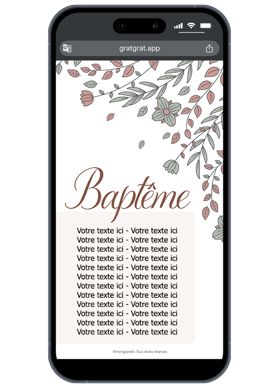 Aperçu du modèle de Save The Date baptême avant personnalisation. Modèle Save the Date baptême personnalisable colombe et feuillage