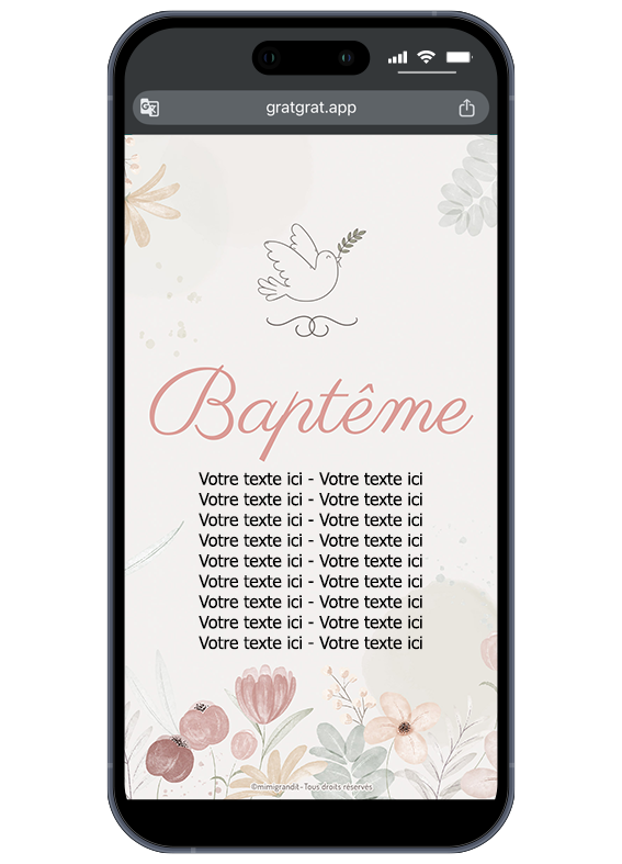 Les informations du baptême apparaissent après le grattage de la carte. Invitation baptême personnalisée avec texte révélé après grattage