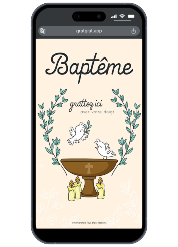 Invitation baptême virtuelle à gratter avec colombes blanches et fonts baptismaux