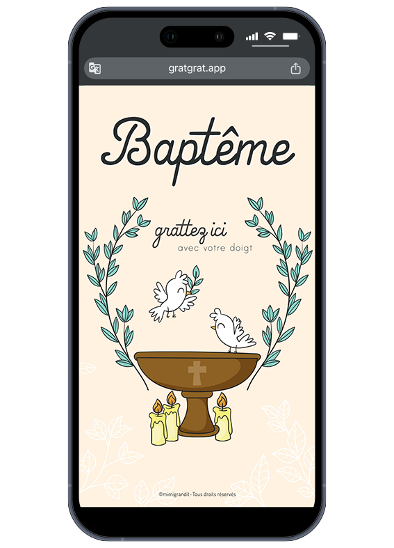Invitation baptême virtuelle à gratter avec colombes blanches et fonts baptismaux