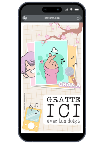 Invitation anniversaire Kpop virtuelle sur smartphone avec un dessin de finger heart, fleurs de cerisier et zone Gratte ici.