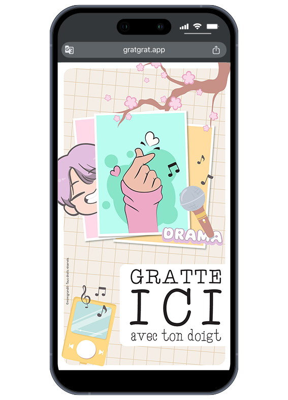 Aperçu de la carte interactive K-pop sur téléphone avant le grattage. Invitation anniversaire Kpop virtuelle sur smartphone avec un dessin de finger heart, fleurs de cerisier et zone Gratte ici.