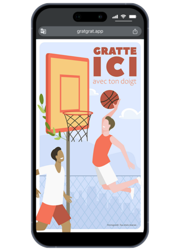Invitation anniversaire basketball virtuelle sur smartphone avec un joueur dunkant et un encart Gratte ici avec ton doigt.