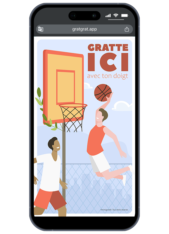 Invitation anniversaire basketball virtuelle sur smartphone avec un joueur dunkant et un encart Gratte ici avec ton doigt.
