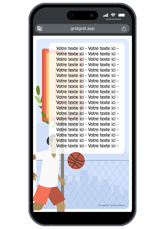 Gabarit de la carte d'invitation basket une fois l'effet de grattage activé. Carte invitation basketball numérique révélée sur écran de mobile avec une zone blanche pour texte personnalisé.