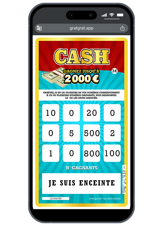 L'annonce officielle après le grattage numérique : « Je suis enceinte ». Écran tactile présentant une carte virtuelle annonce grossesse modèle Cash avec le message de révélation Je suis enceinte.