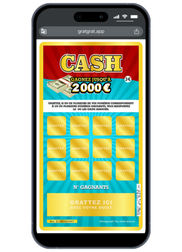 Smartphone affichant une carte virtuelle annonce grossesse de style ticket de loto Cash avec les cases de jeu dorées masquées.