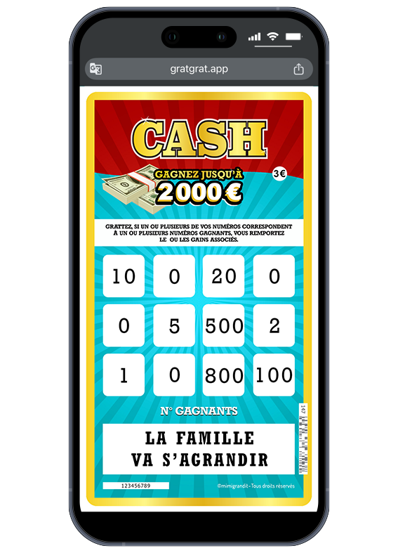 La surprise dévoilée à toute la tribu : « La famille va s'agrandir ». Smartphone affichant le résultat d'une carte virtuelle annonce grossesse style ticket de loto Cash révélant la phrase La famille va s'agrandir.
