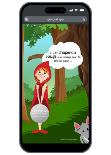 Smartphone affichant une carte en ligne pour une annonce grossesse mamie virtuelle style Chaperon Rouge avec zone grise interactive à gratter.