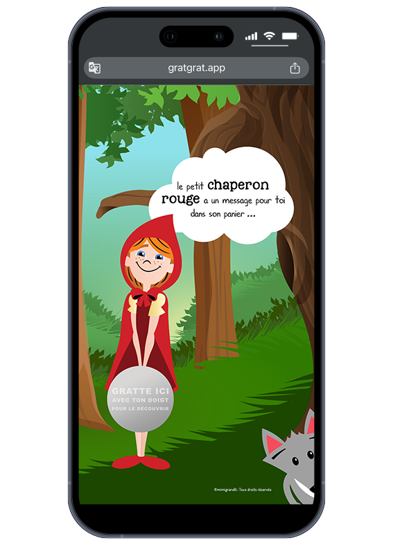 Smartphone affichant une carte en ligne pour une annonce grossesse mamie virtuelle style Chaperon Rouge avec zone grise interactive à gratter.
