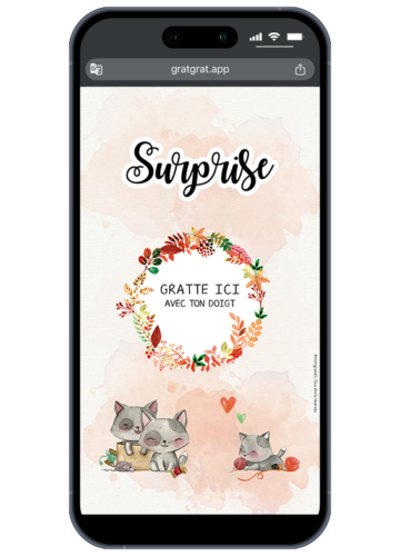 Jeu sur smartphone avant grattage pour annonce grossesse carte à gratter numérique chats avec petits chatons mignons.